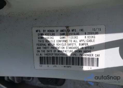 2016 Honda Accord Ex из США, поврежденный, VIN 1HGCR2F79GA049853